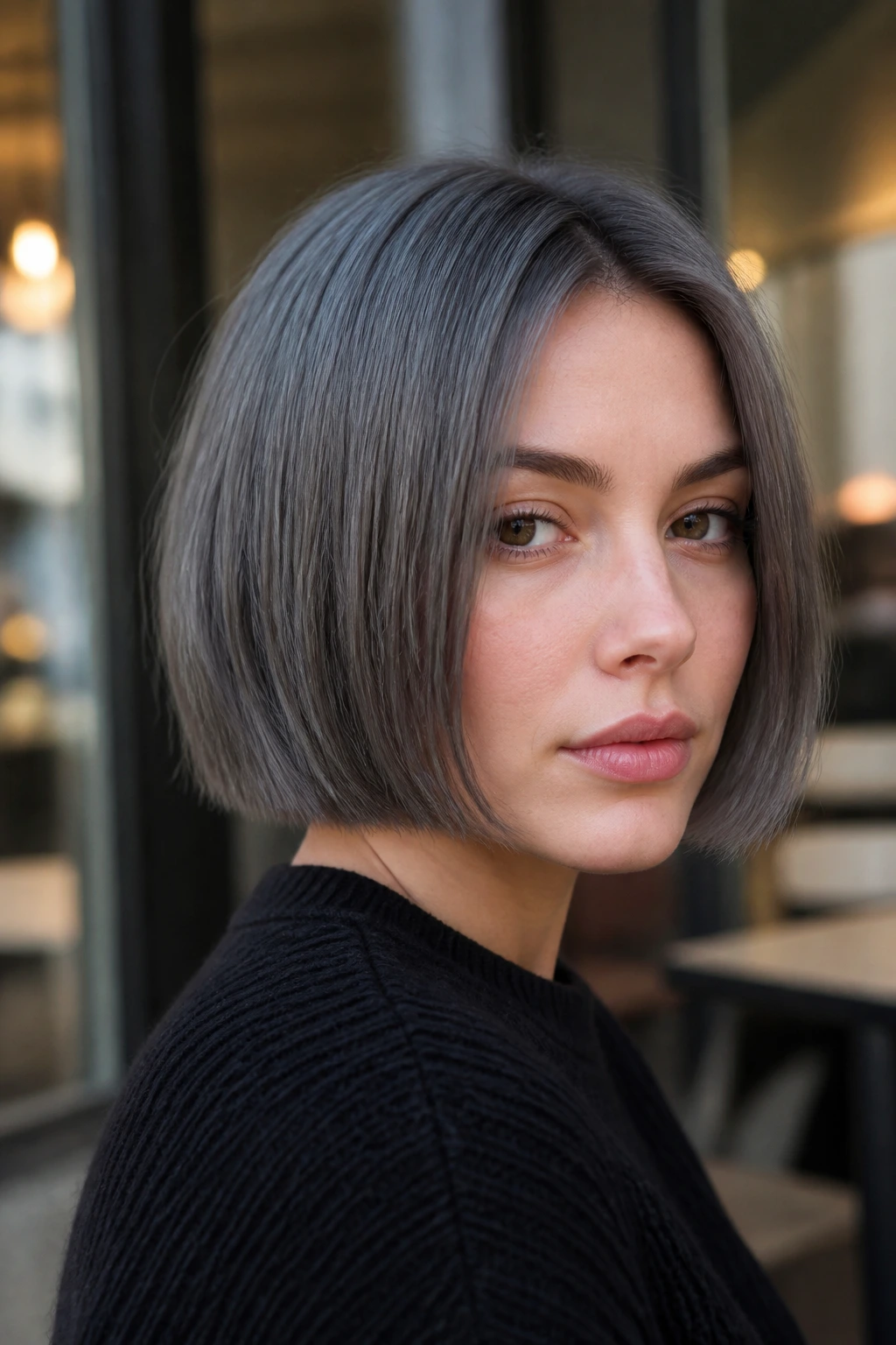Close-up of a slate gray bob on a real person.