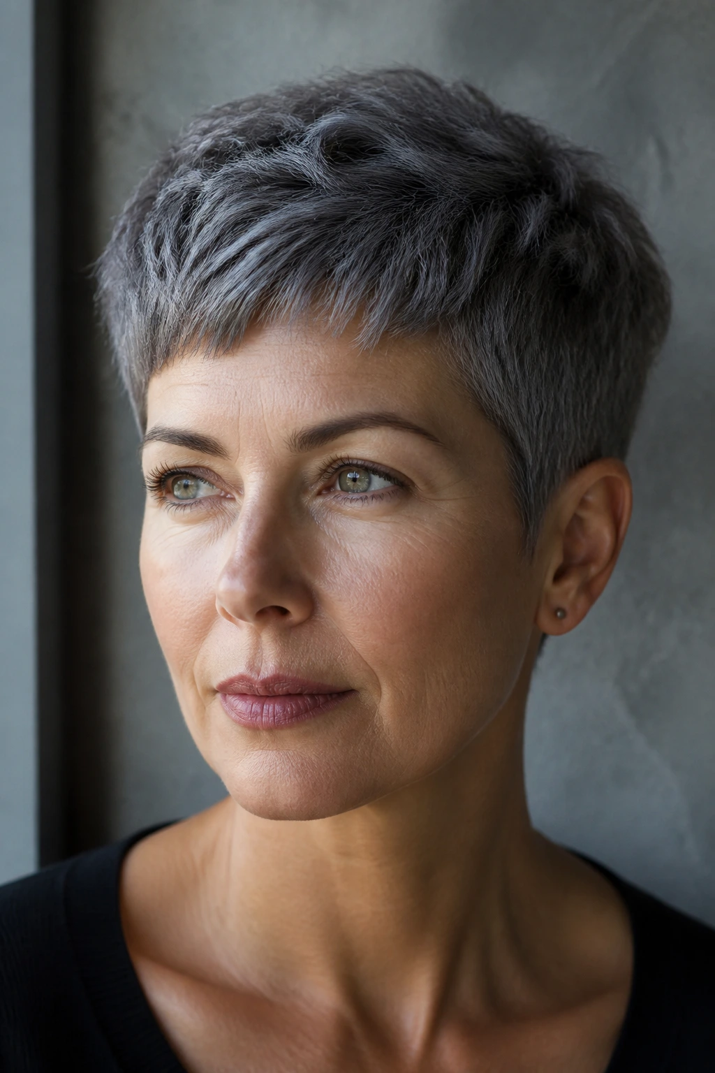 Close-up of real person with Slate Gray Crop hairstyle