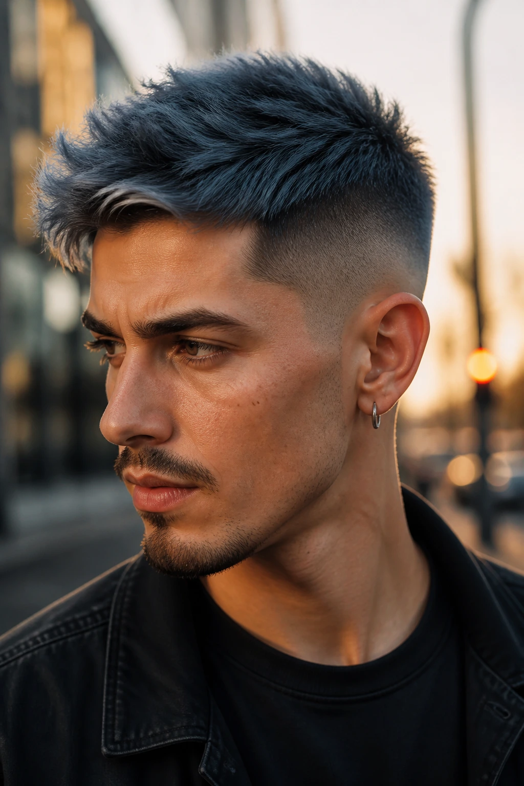 Close-up of a man with slate-gray fade hairstyle on an urban street at golden hour.