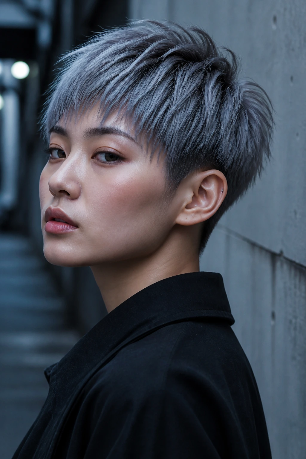 Portrait of a real person with slate gray frost on an edgy crop against an urban backdrop.