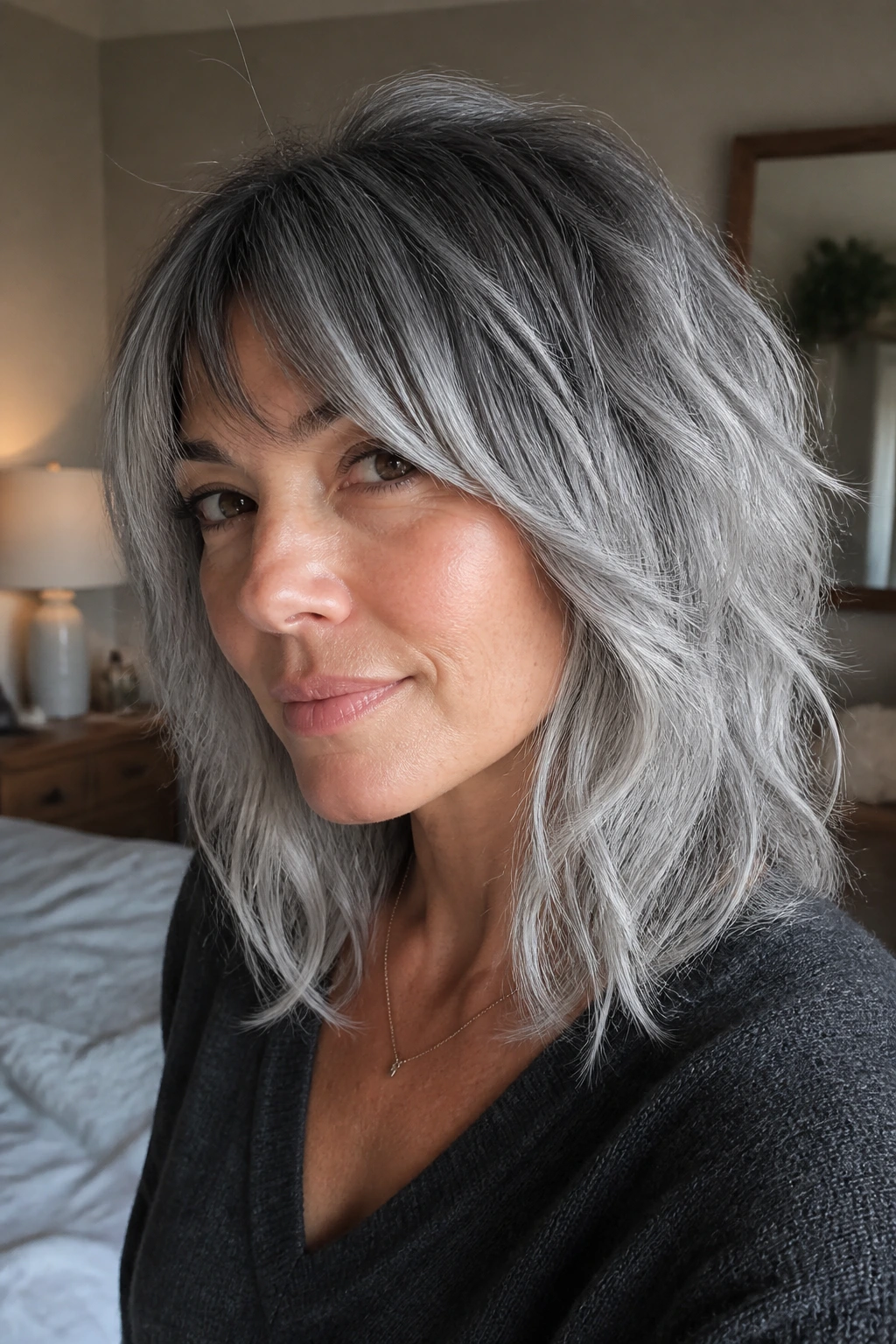 Close-up portrait of a real woman with slate gray roots and silver ends in a shoulder-length shag.