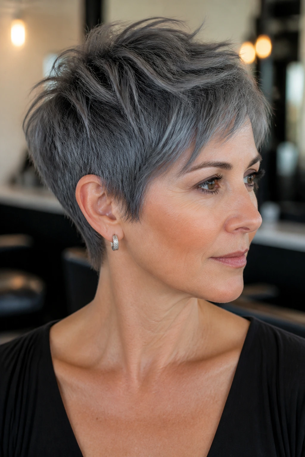 Portrait of a real person with slate gray pixie and piecey texture in a modern salon