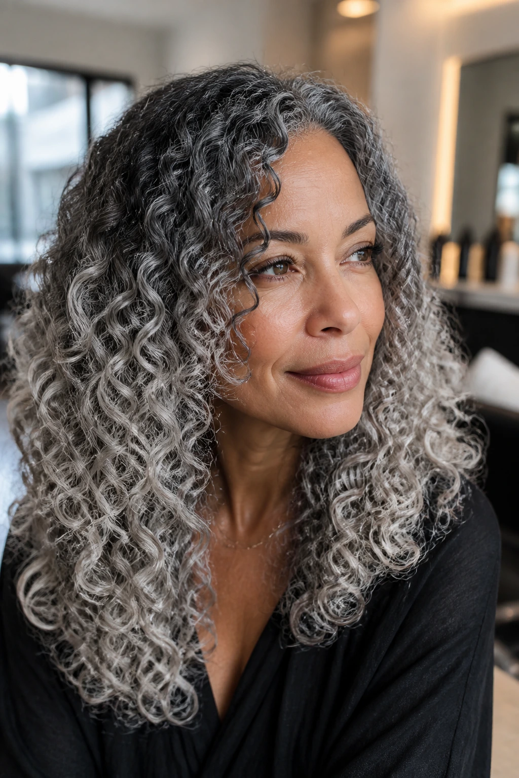 Close-up of a real person with slate ombré hair on long curls.