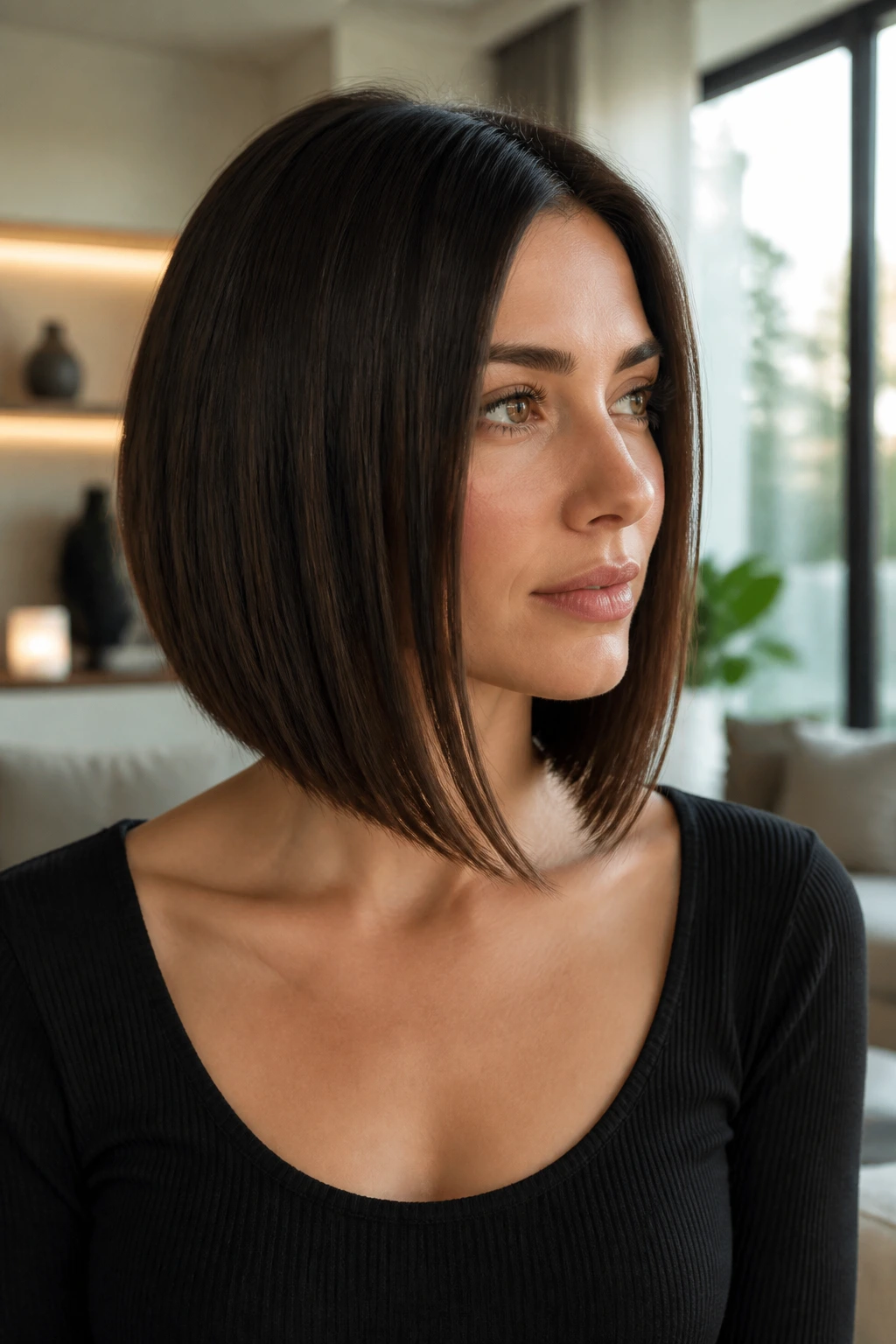 Close-up portrait of a real woman with a sleek A-line lob hairstyle in natural window light.