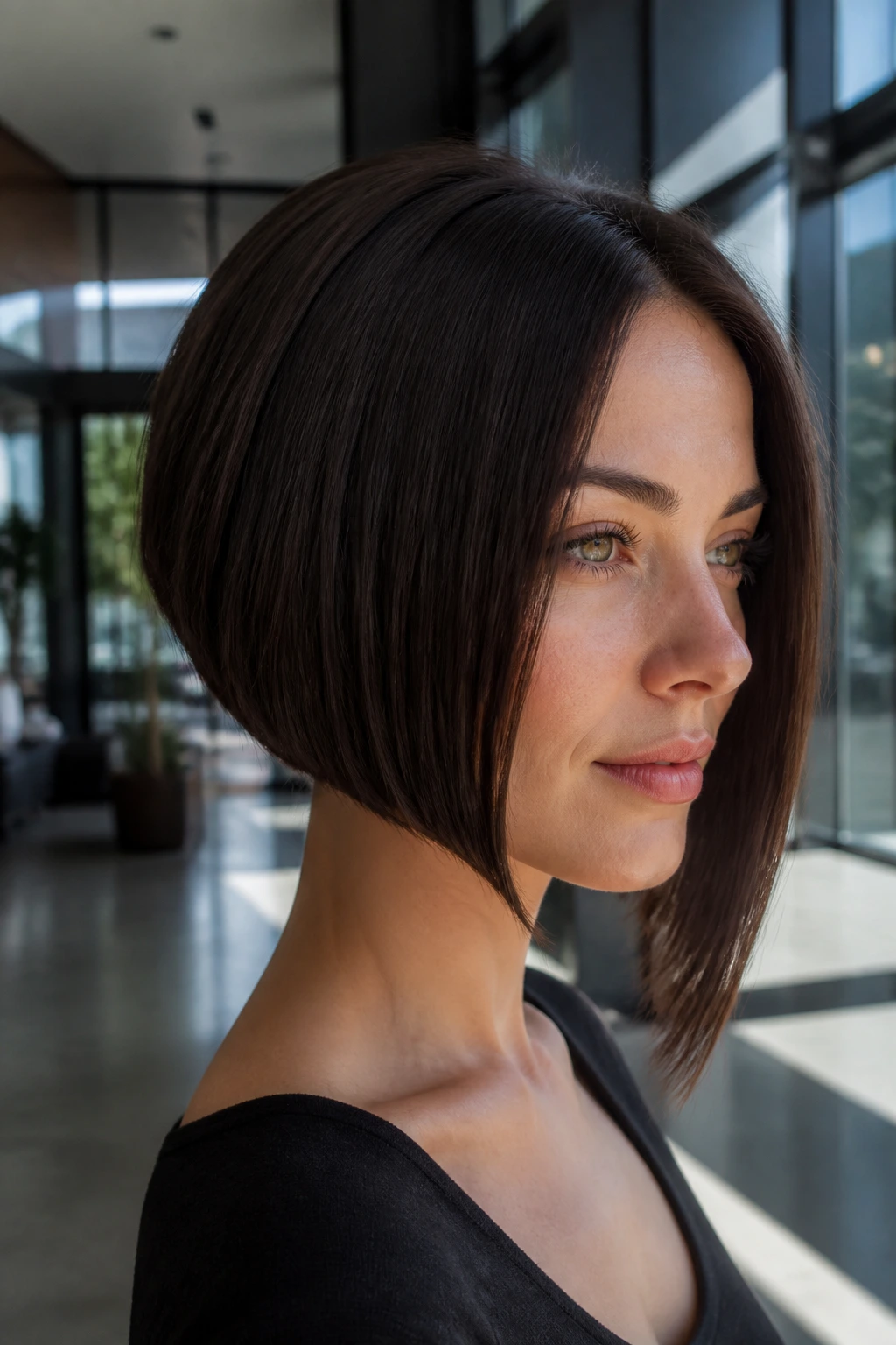 Portrait of person with sleek angled bob in modern lobby