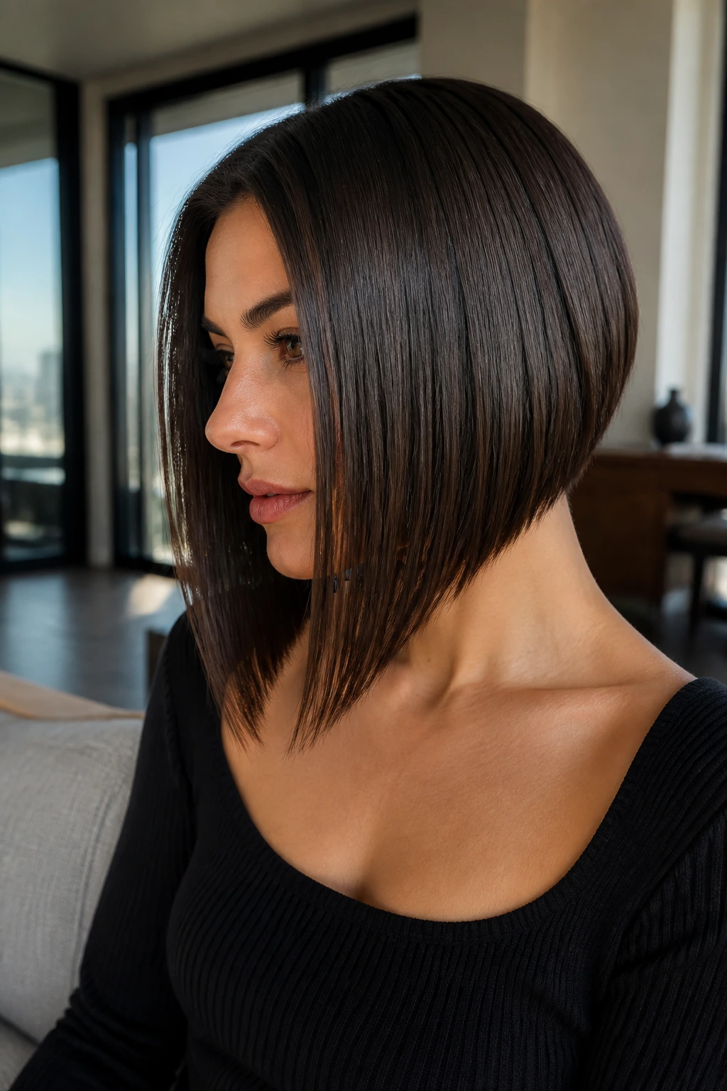 Close-up of a real woman with Sleek Angled Bob with Clean Lines under natural window light