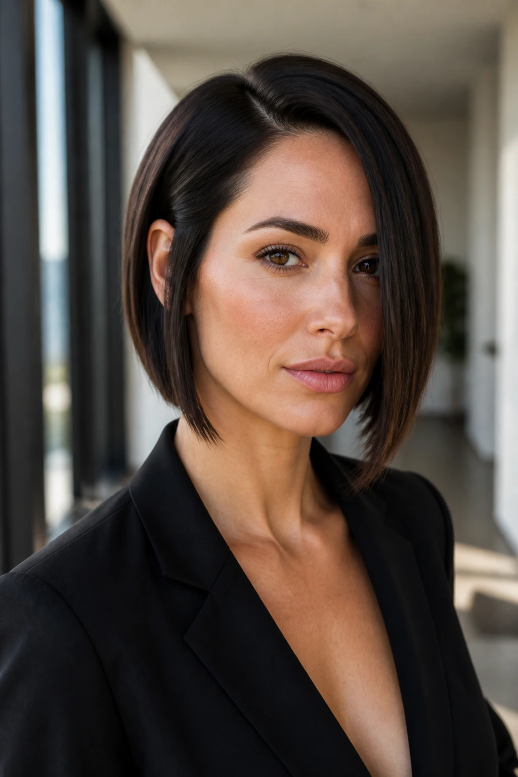 Close-up of a real woman with a sleek angled bob and deep side part in a bright urban setting