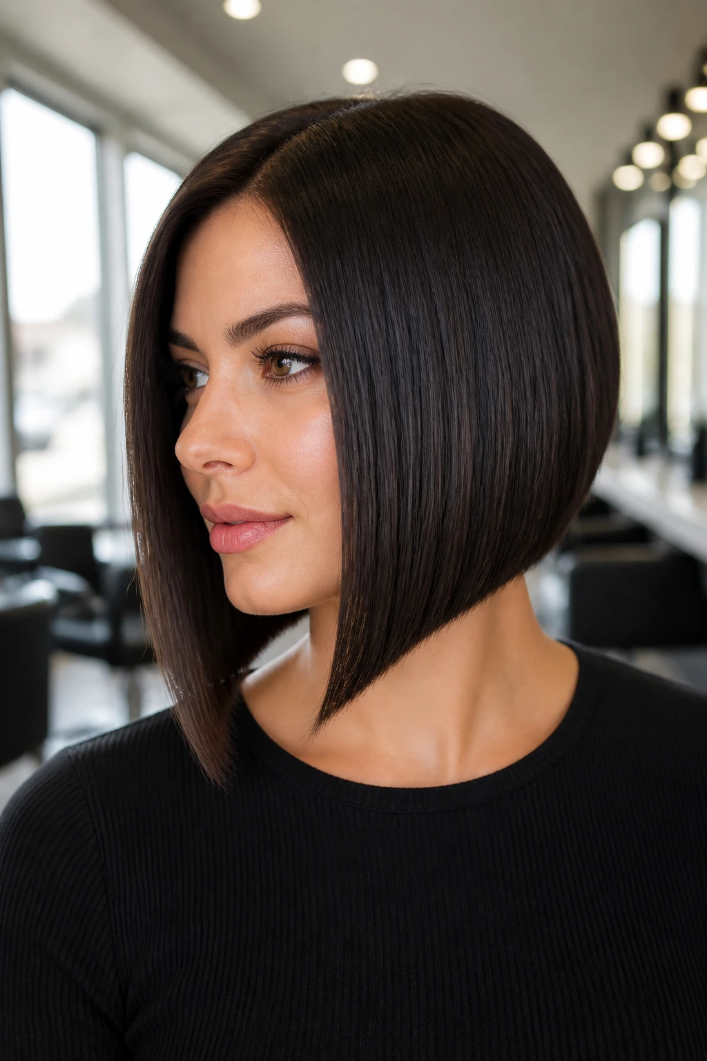 Close-up of a woman with sleek straight angled bob in a bright modern salon