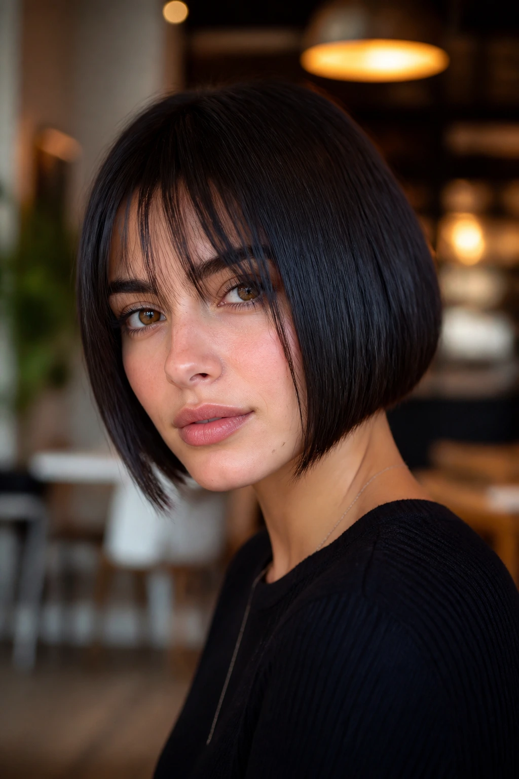 Portrait of a person with a sleek angled bob and piecey fringe under warm cafe lighting