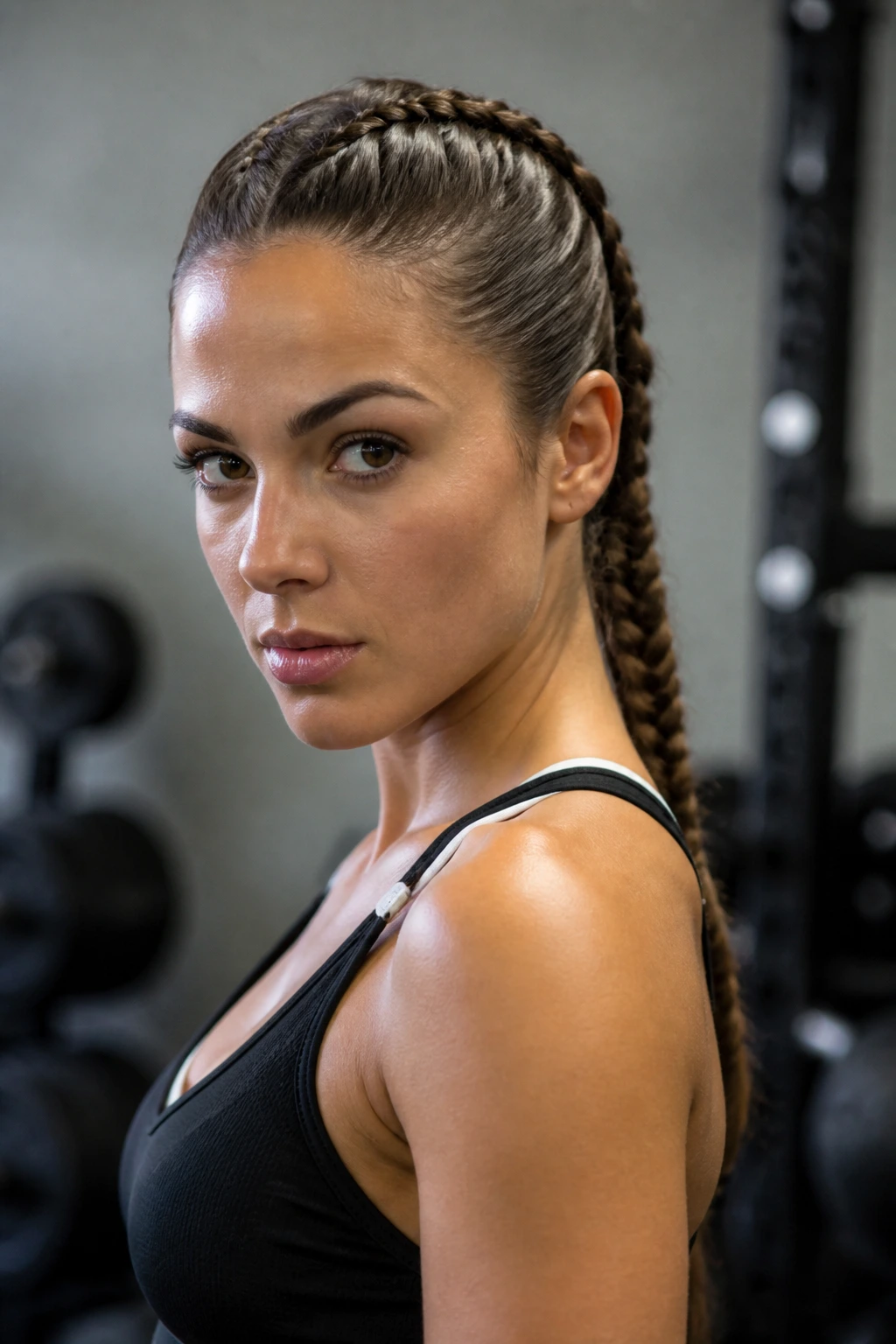 Portrait of a real woman with a sleek athletic French braid in a gym setting