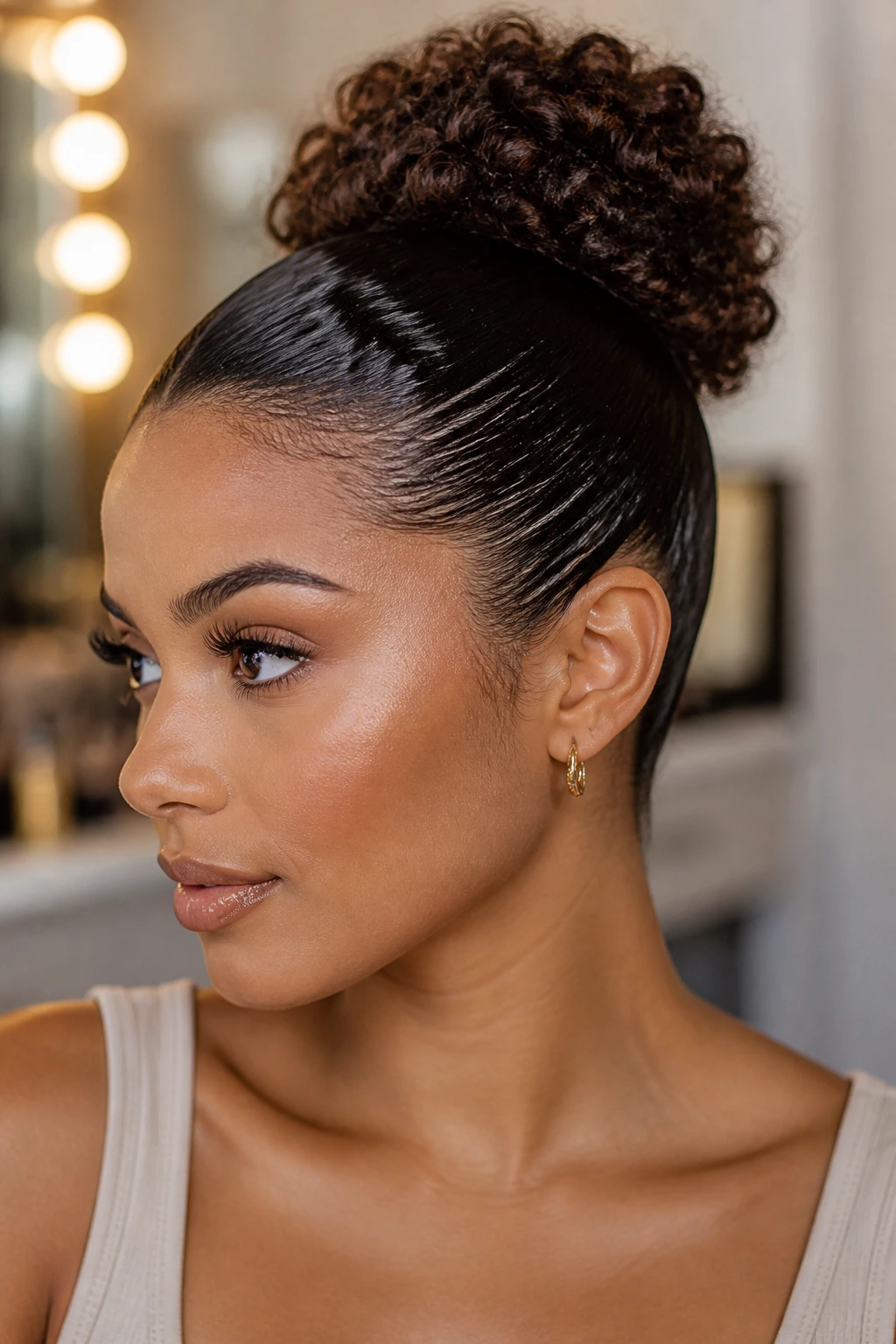 Real person with a sleek back crown bun showing a clean hairline and a defined bun