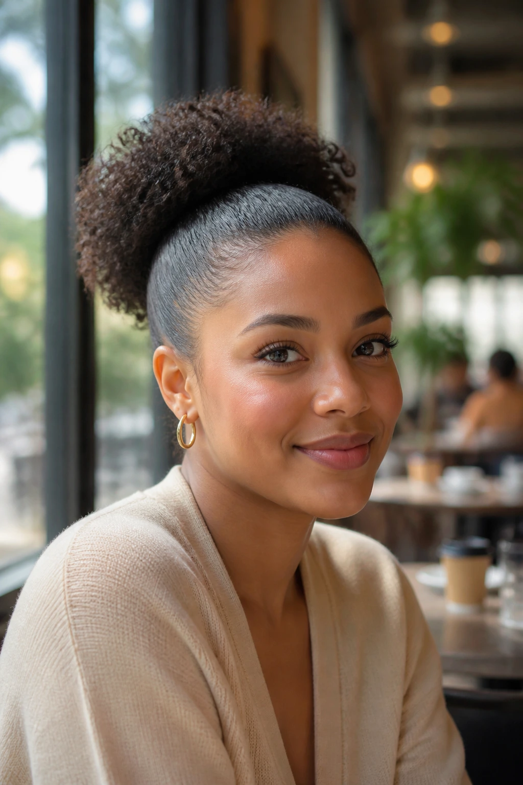 Close-up of a woman with a sleek-back curly puff in a cafe setting
