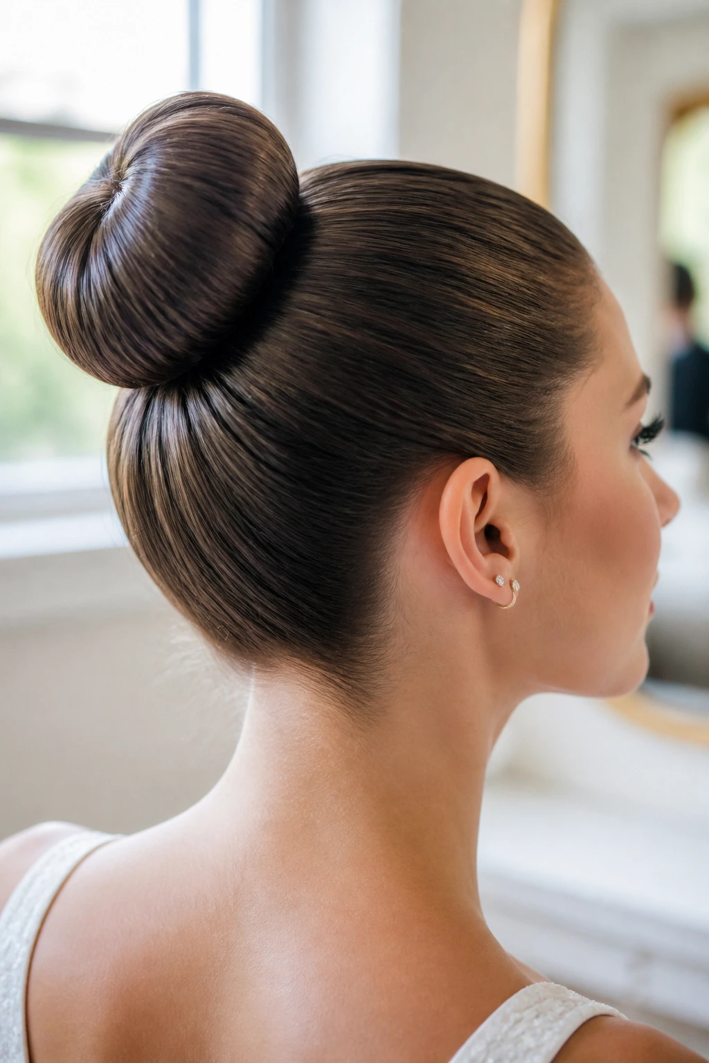 Close-up of real bridesmaid with a sleek ballerina bun