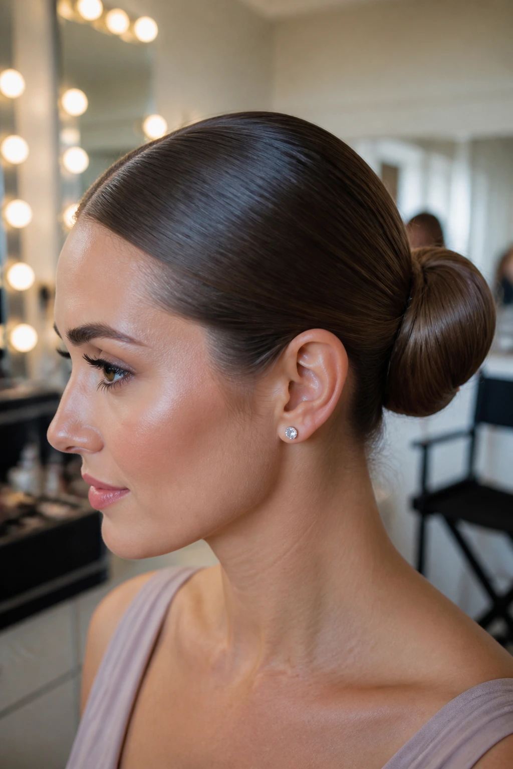 Close-up of a real bridesmaid with a sleek, glossy ballet bun