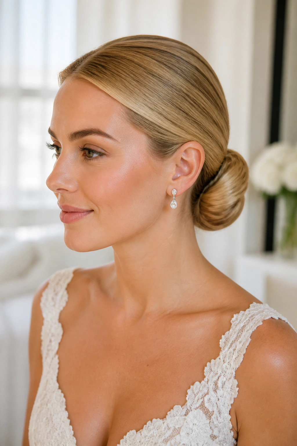 Close-up of sleek ballet bun on blonde bride