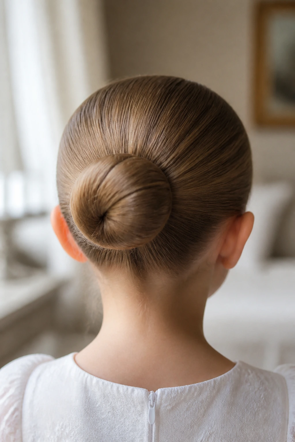 Back view of a sleek ballet bun on a child