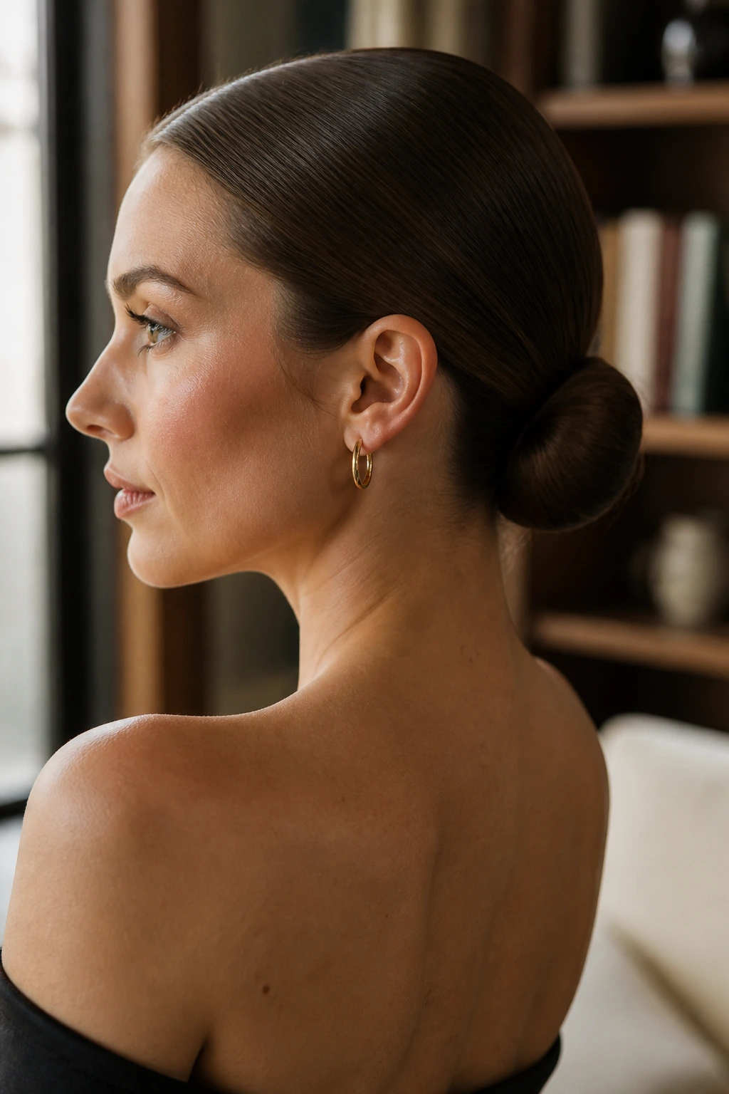 Close-up of a sleek low ballet bun at the nape