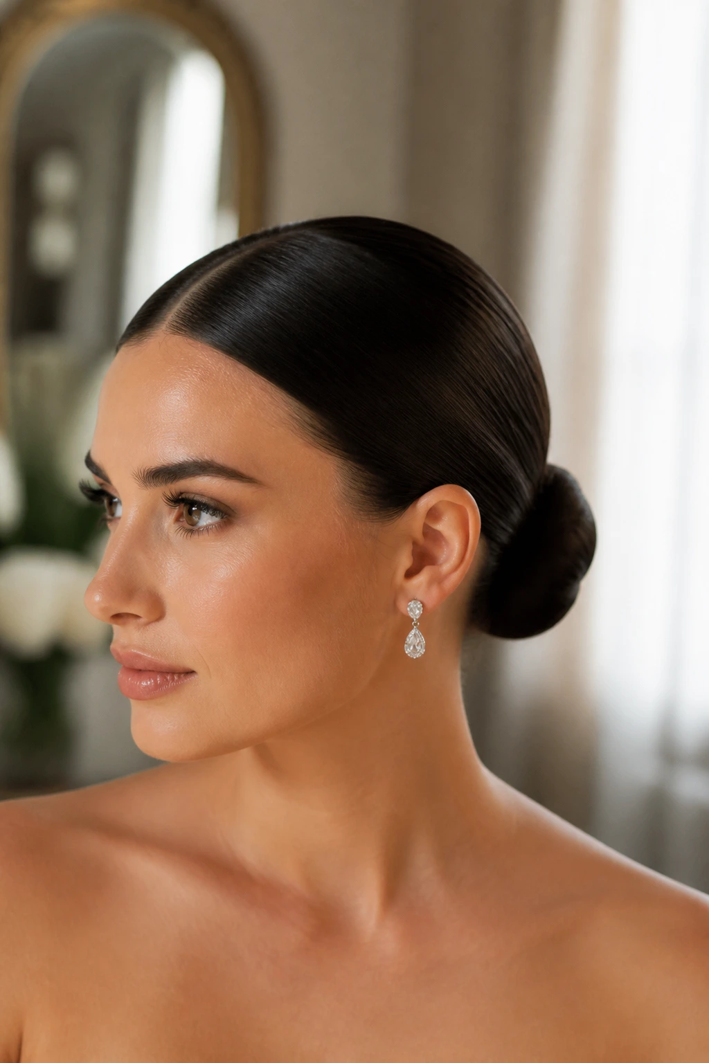 Close-up of sleek ballet low bun on real woman with center part.