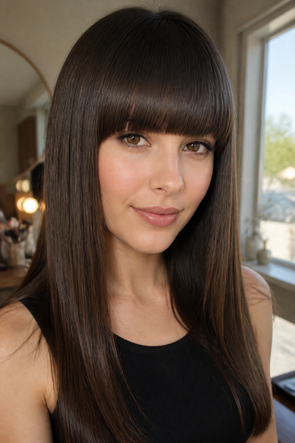 Close-up of a real woman with sleek blunt straight-across bangs in natural light.