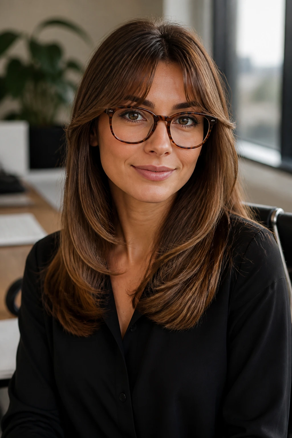 Portrait of a real woman with sleek blowout curtain bangs and glasses in an office setting