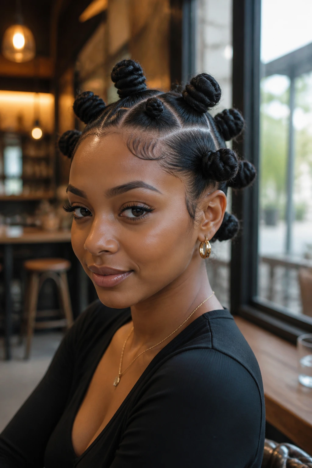 Close-up portrait of a woman with sleek Bantu knots and laid edges.