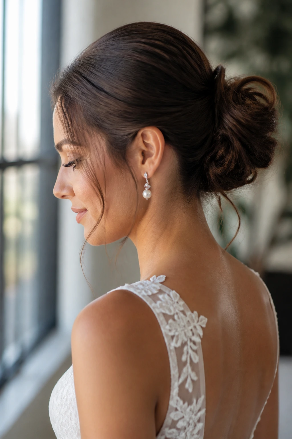 Portrait of real bride with sleek base and loose top bun