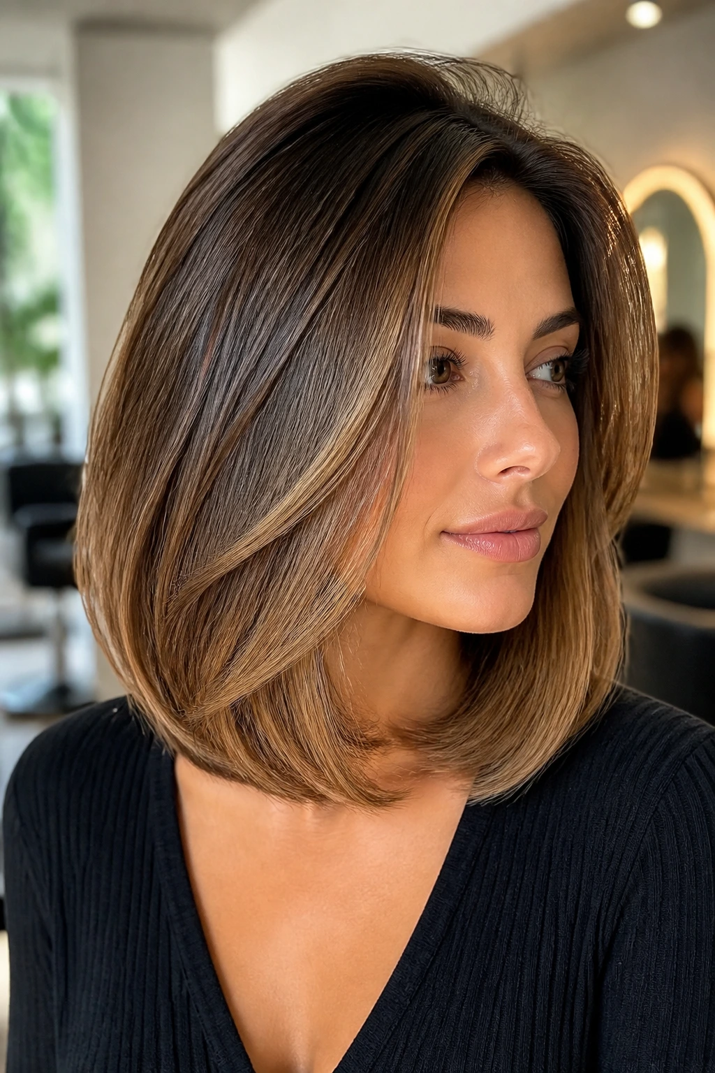 Portrait of a real woman with sleek blowout lob, glossy lift at crown
