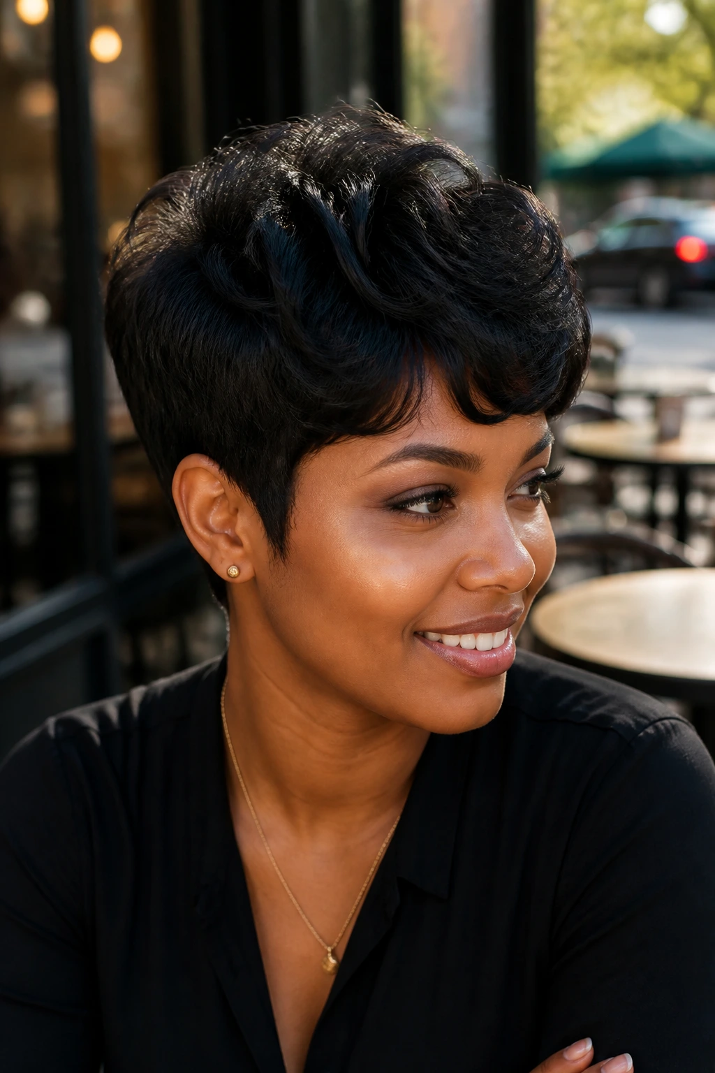Close-up of sleek blowout pixie on real person with city backdrop