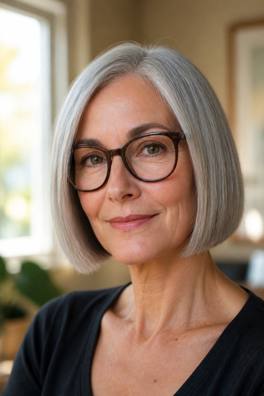 Close-up portrait of a real woman with a sleek blunt bob and silver-gray hair in natural window light