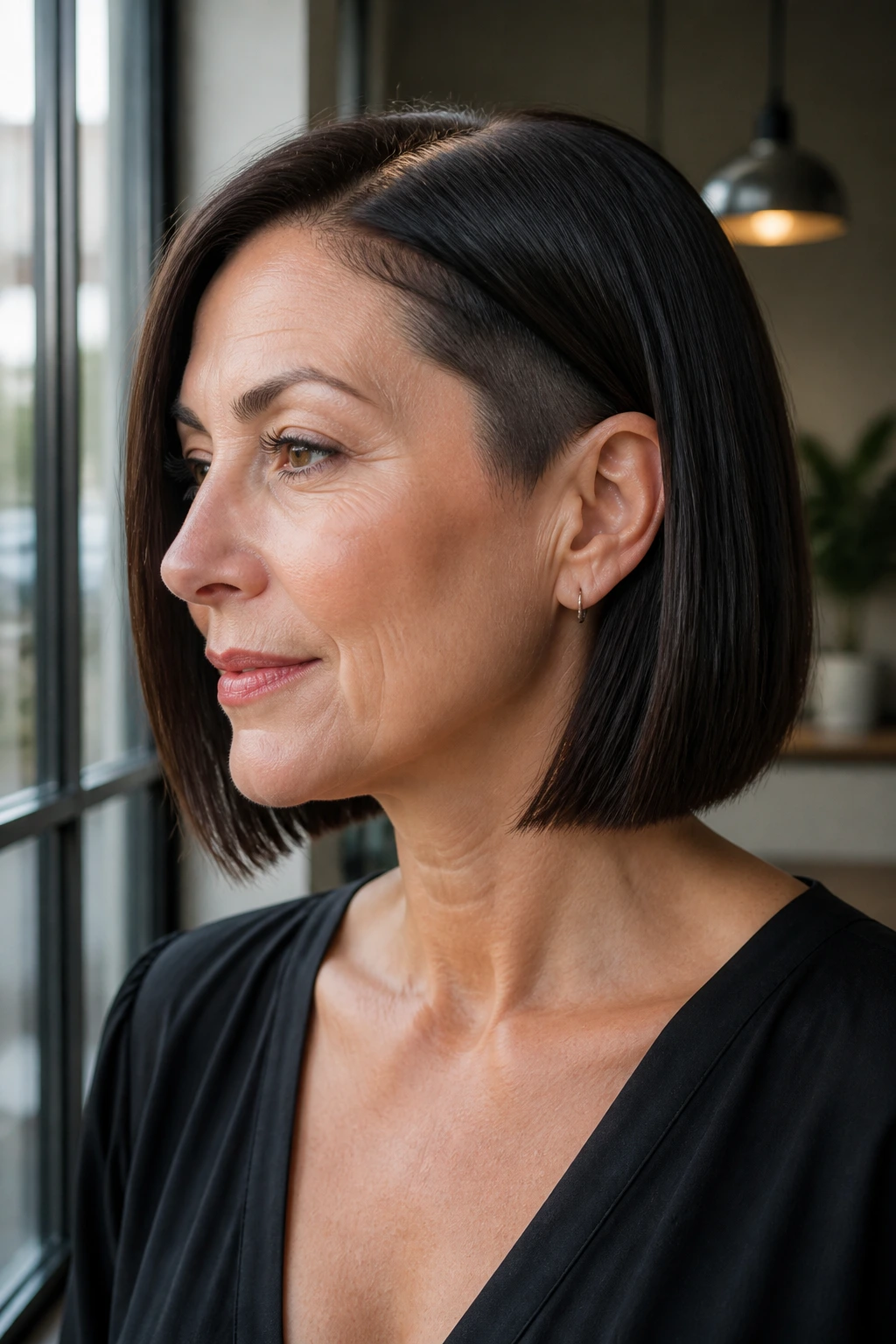 Portrait of woman with sleek blunt bob and hidden undercut.
