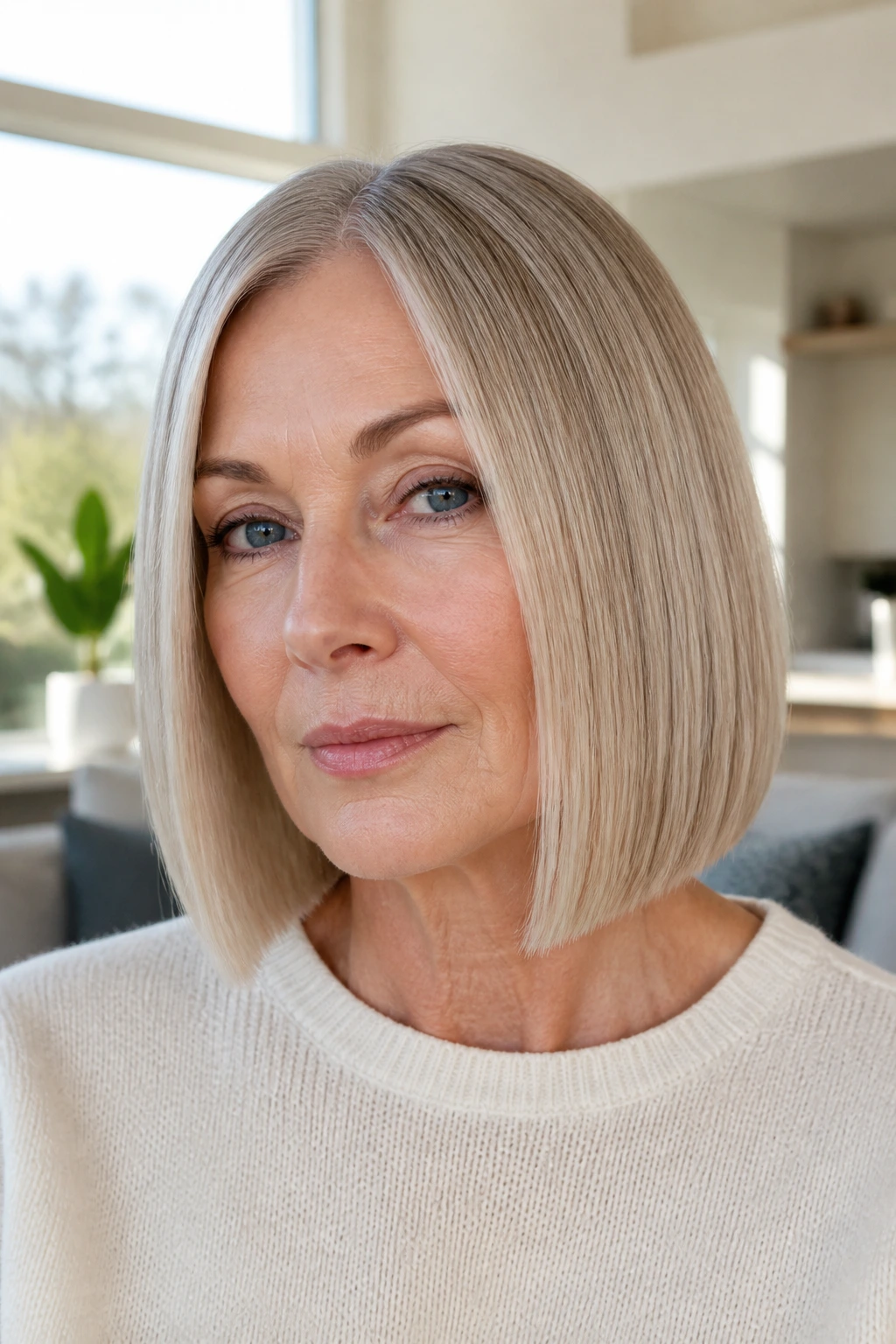 Portrait of a real woman with sleek blunt one-length bob in natural light