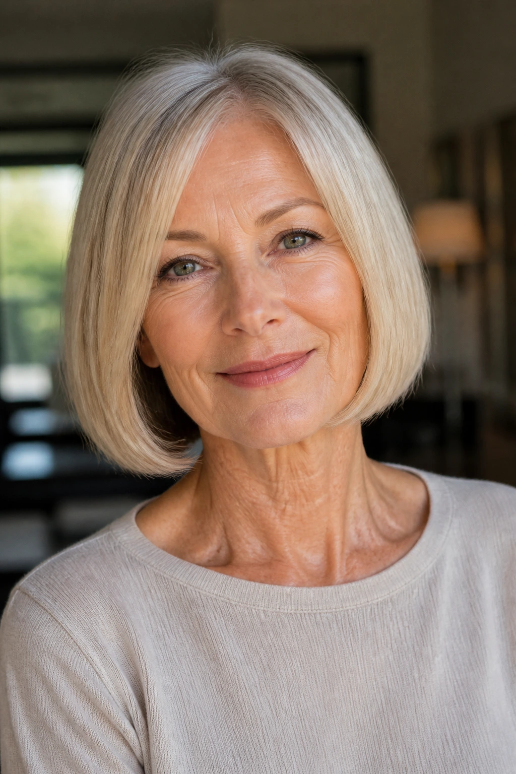 Close-up of a real woman with a sleek blunt bob hairstyle
