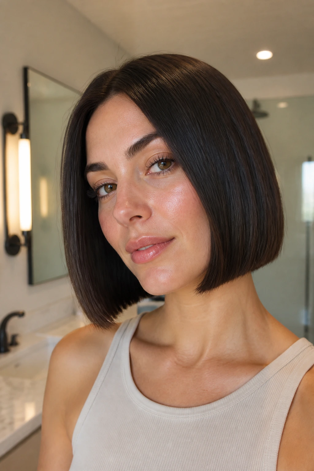Real person with a sleek blunt bob styled flat with no puff