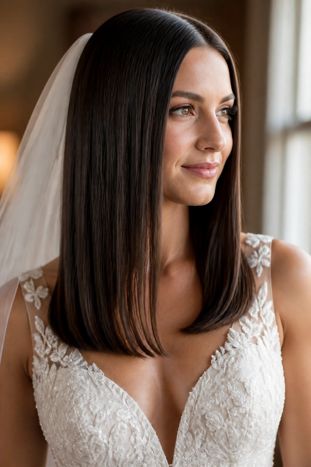 Close-up of a bride with a sleek blunt one-length midi cut, glossy straight hair