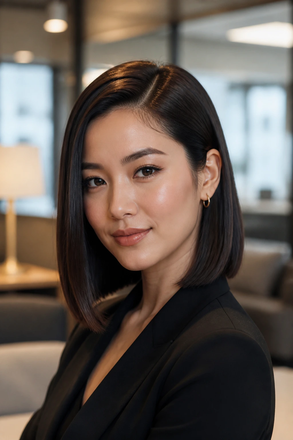Portrait of a real woman with sleek blunt lob and deep side part