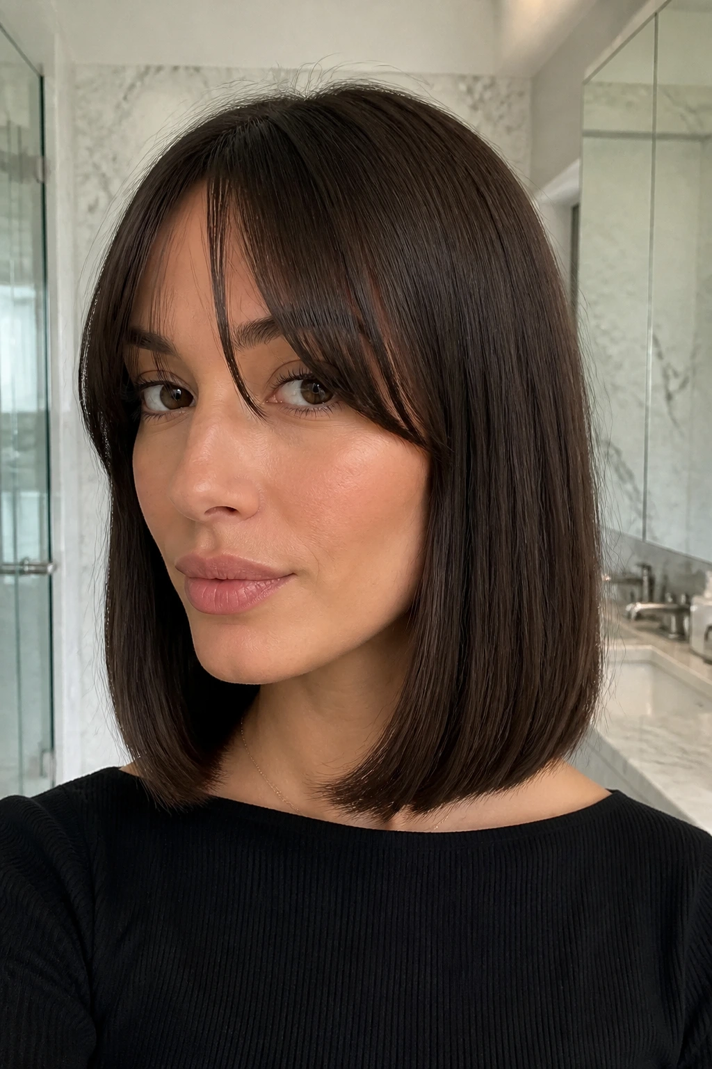 Close-up of a real woman with a sleek blunt midi and bottleneck bangs