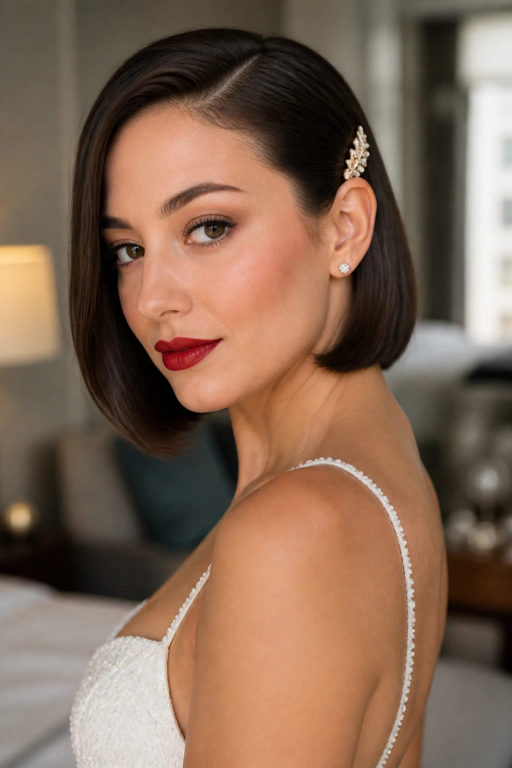 Bride with sleek tucked-end bob and barrette behind the ear