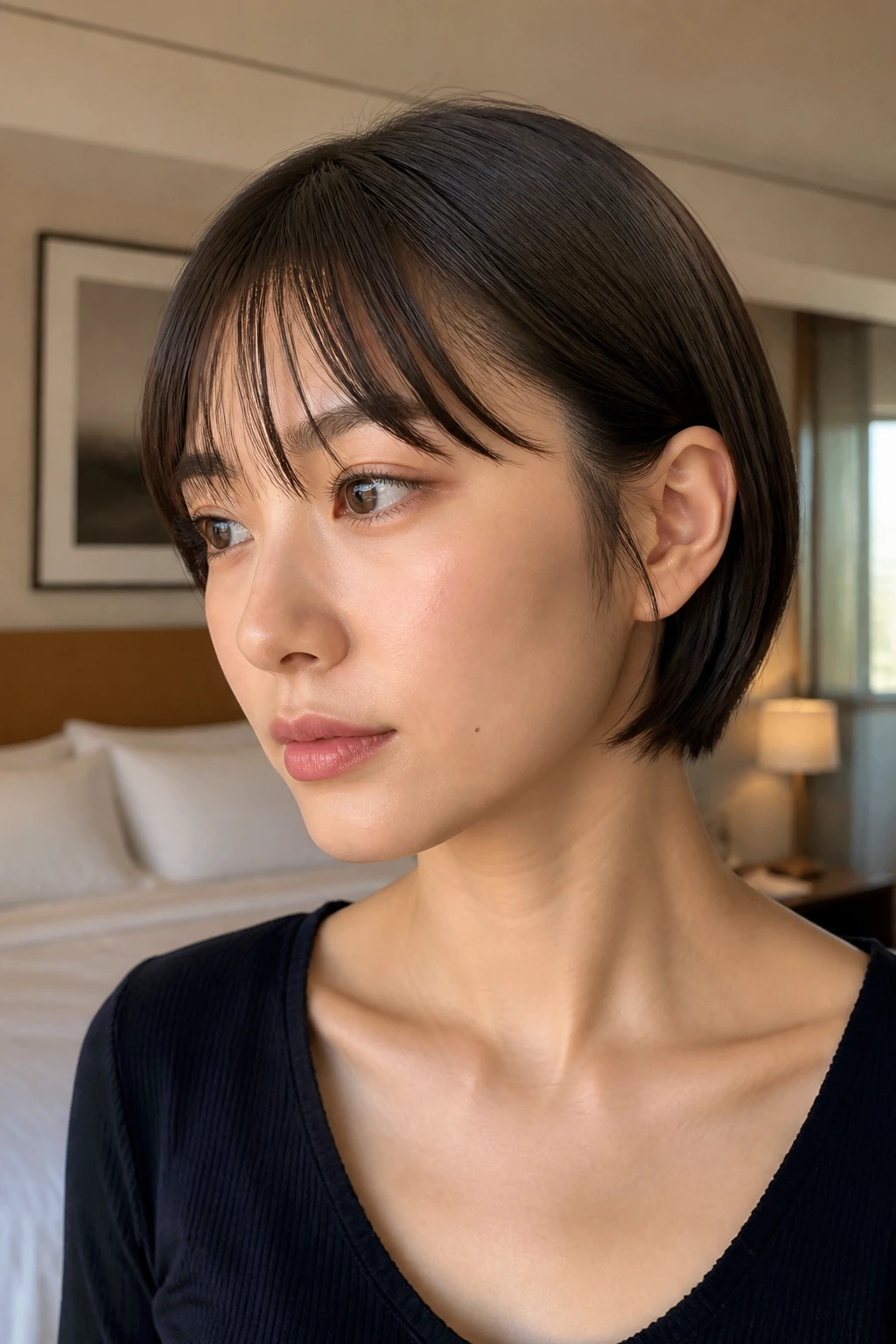 Close-up of a woman with a sleek ear-tucked bob and broken bangs in warm window light