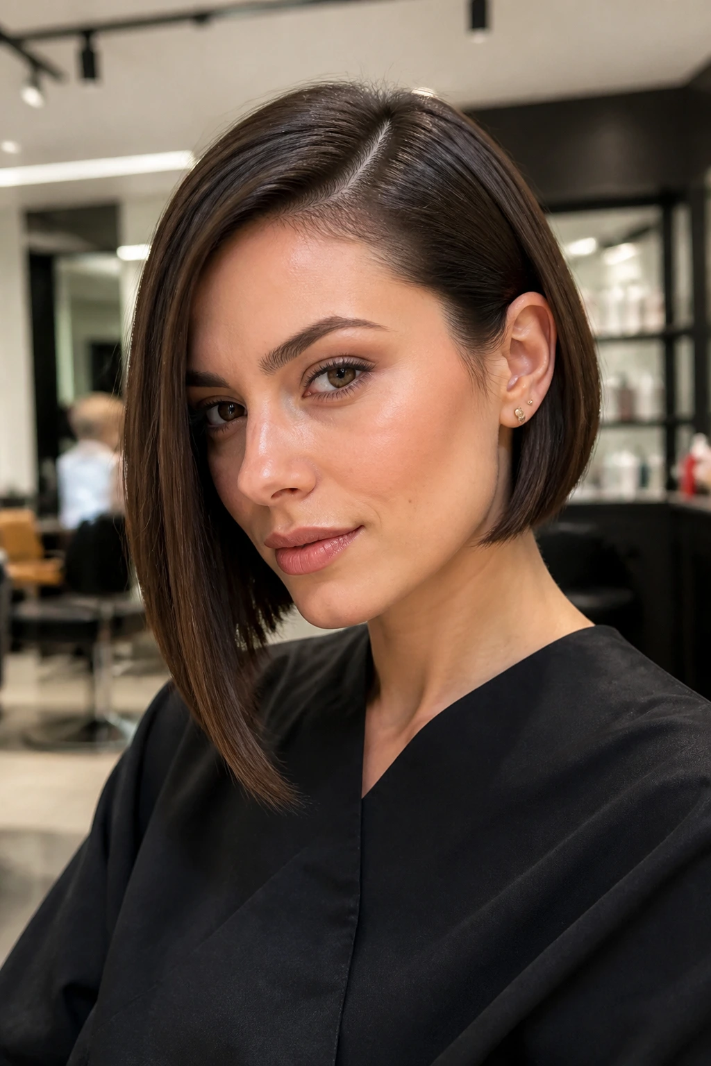 Real woman with sleek deep-side-part asymmetrical bob in a salon