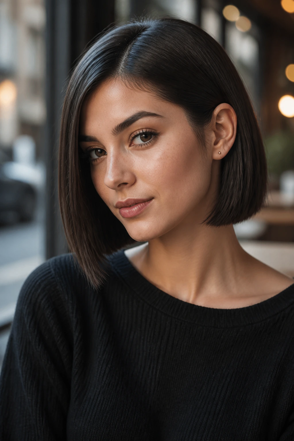 Close-up of a woman with a sleek chin-length bob tucked behind the ear.