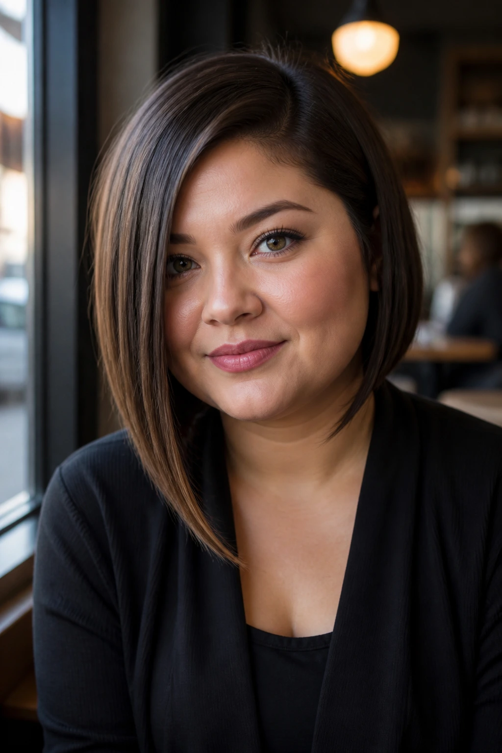 Portrait of a woman with a sleek bob and long front angle.