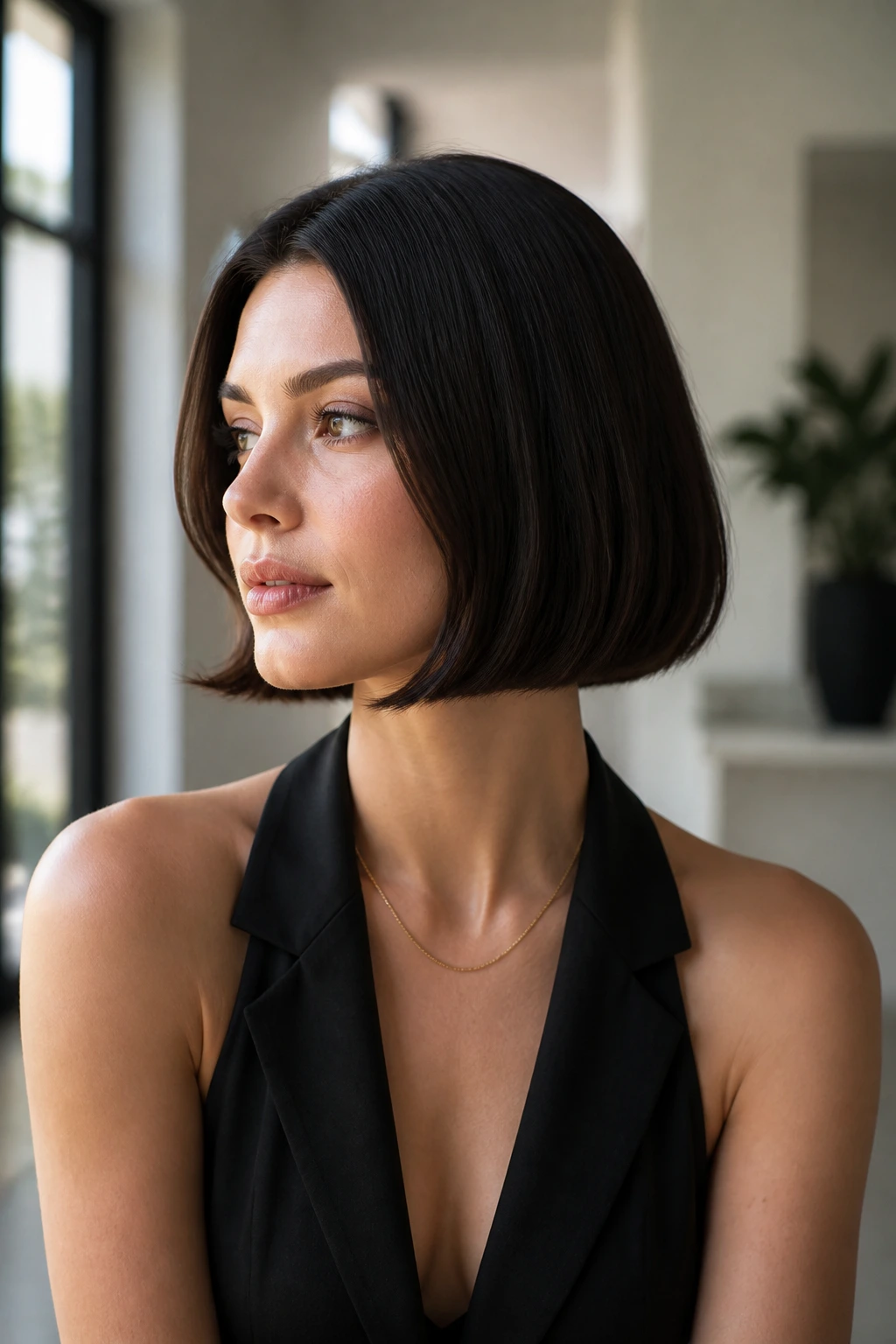 Portrait of a woman with a sleek jaw-length bob in natural light