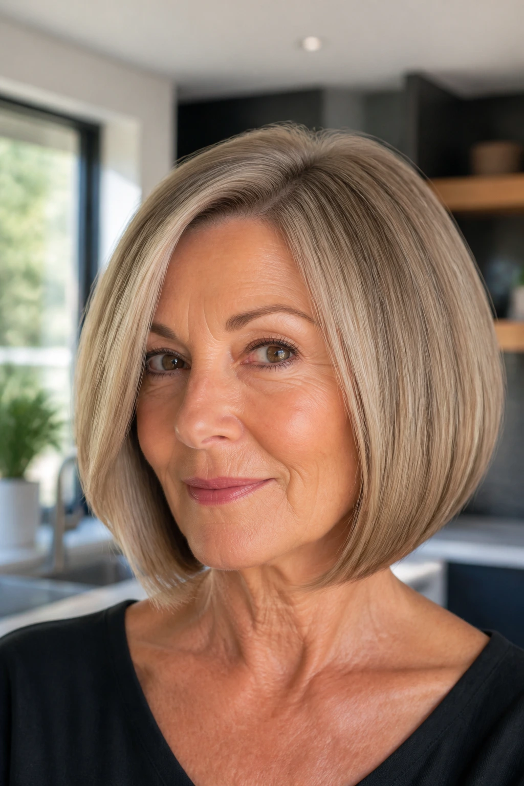 Close-up portrait of a woman with a sleek bob and hidden layers.