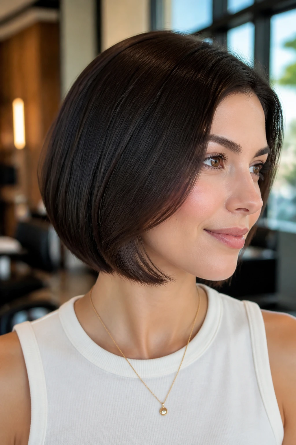 Close-up of a real woman with Sleek Bob With Hidden Internal Layers in a modern salon