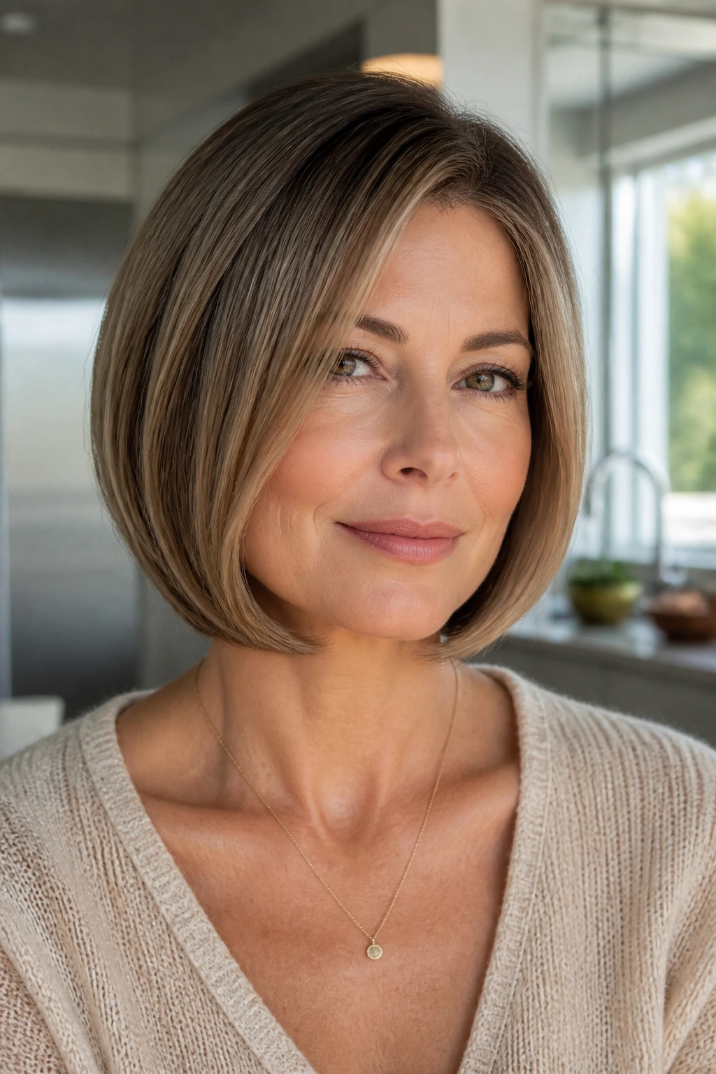 Close-up portrait of a real woman with a sleek bob showing interior layers under bright light.