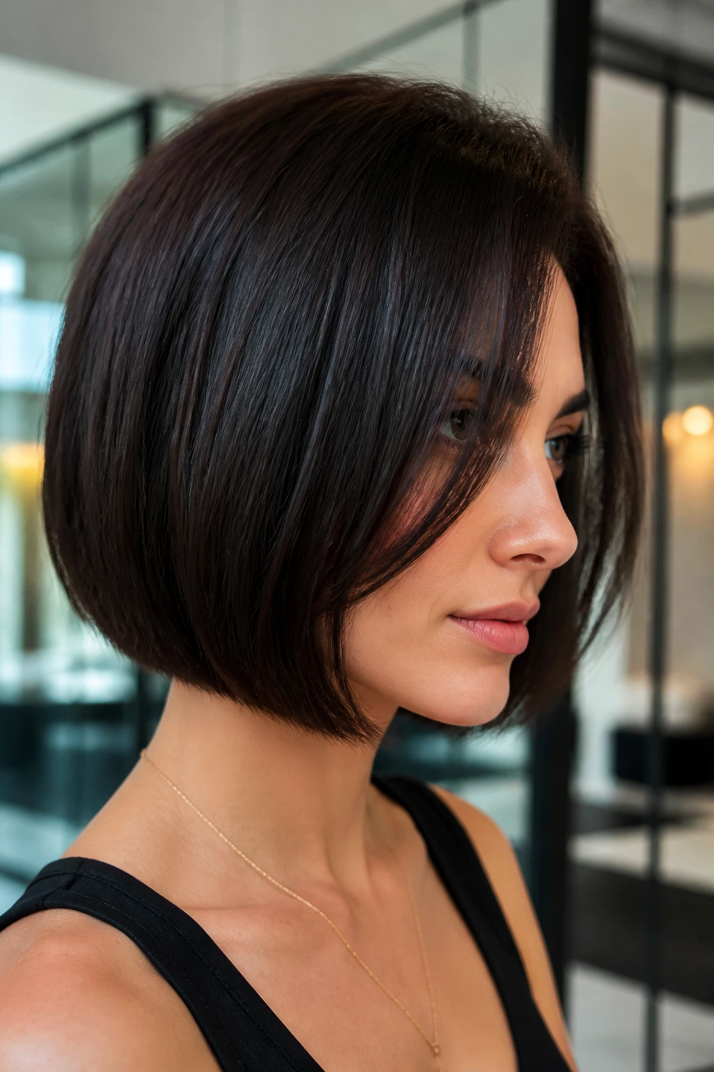 Portrait of a woman with a sleek choppy bob showing hidden layers