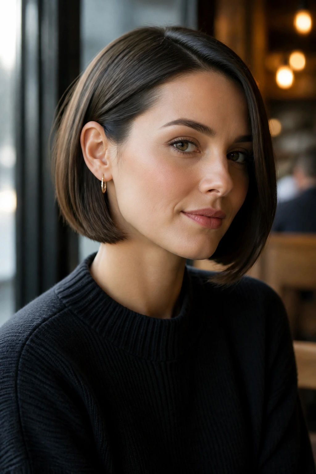 Close-up portrait of a real woman with a sleek jaw-length bob tucked behind the ear