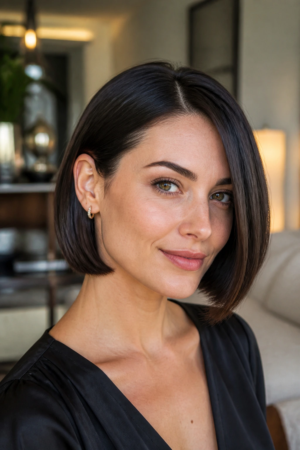 Close-up of a woman with a sleek jaw-skimming bob in soft window light