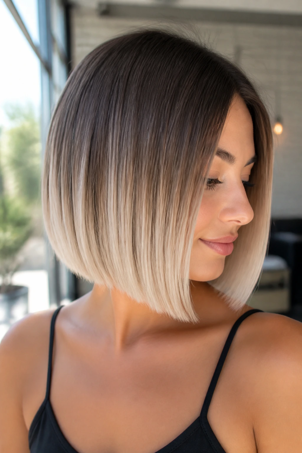 Real person with sleek bob from ash brunette to pearl blonde ombre.