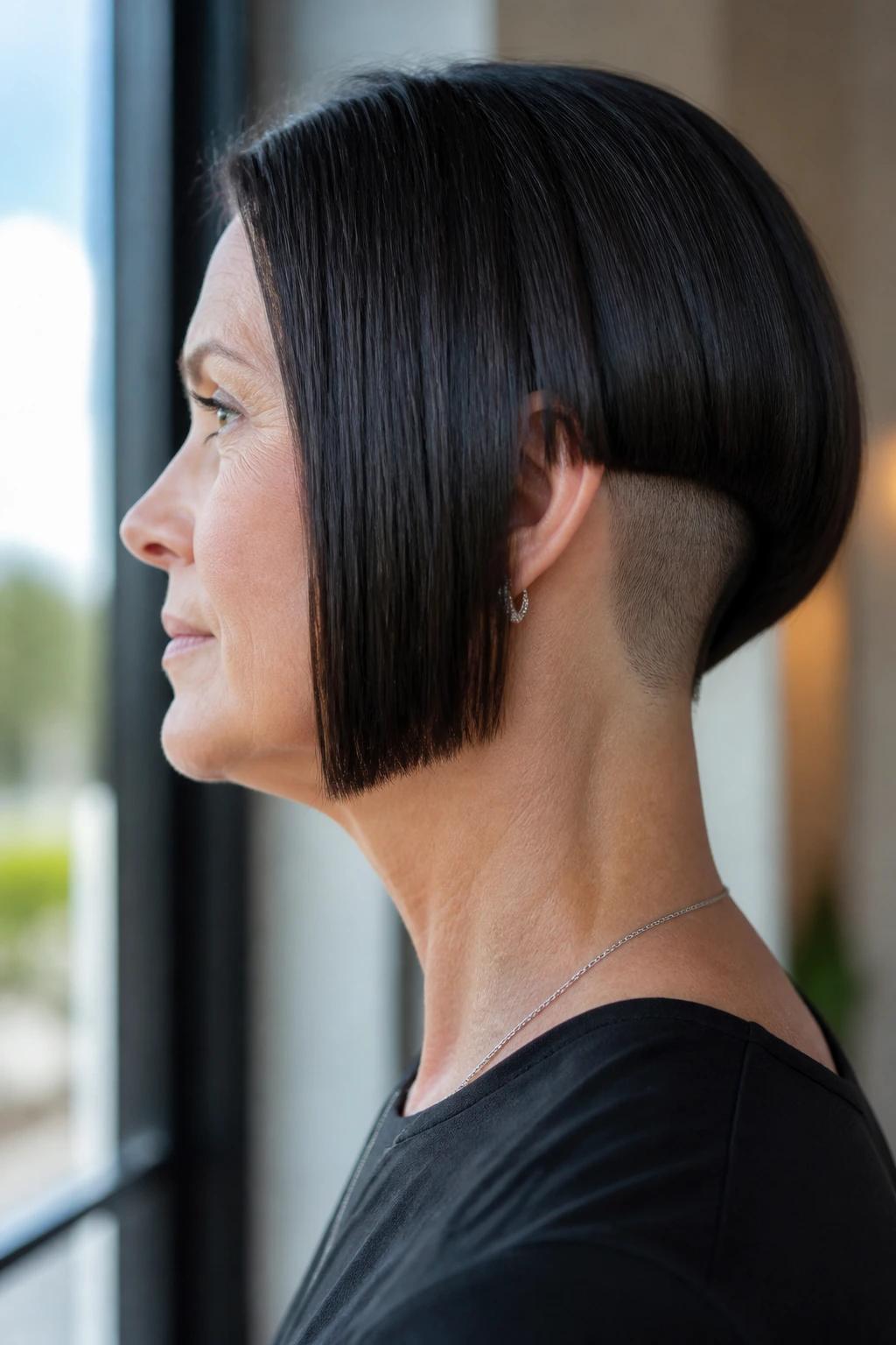 Portrait of a real woman with a sleek straight bob and a shaved back panel